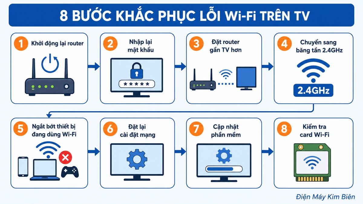 infographic 8 bước khắc phục tivi không kết nối được wifi