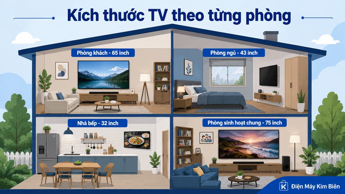gợi ý kích thước tivi phù hợp cho phòng khách phòng ngủ phòng bếp