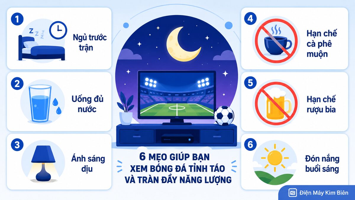 infographic mẹo xem bóng đá đêm khuya khỏe mạnh ngủ trước trận uống nước ánh sáng dịu hạn chế cà phê