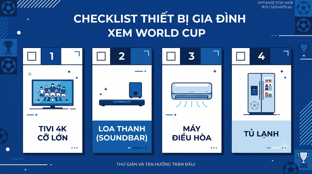 checklist thiết bị xem World Cup 2026 tại nhà: tivi, loa, máy lạnh, tủ lạnh