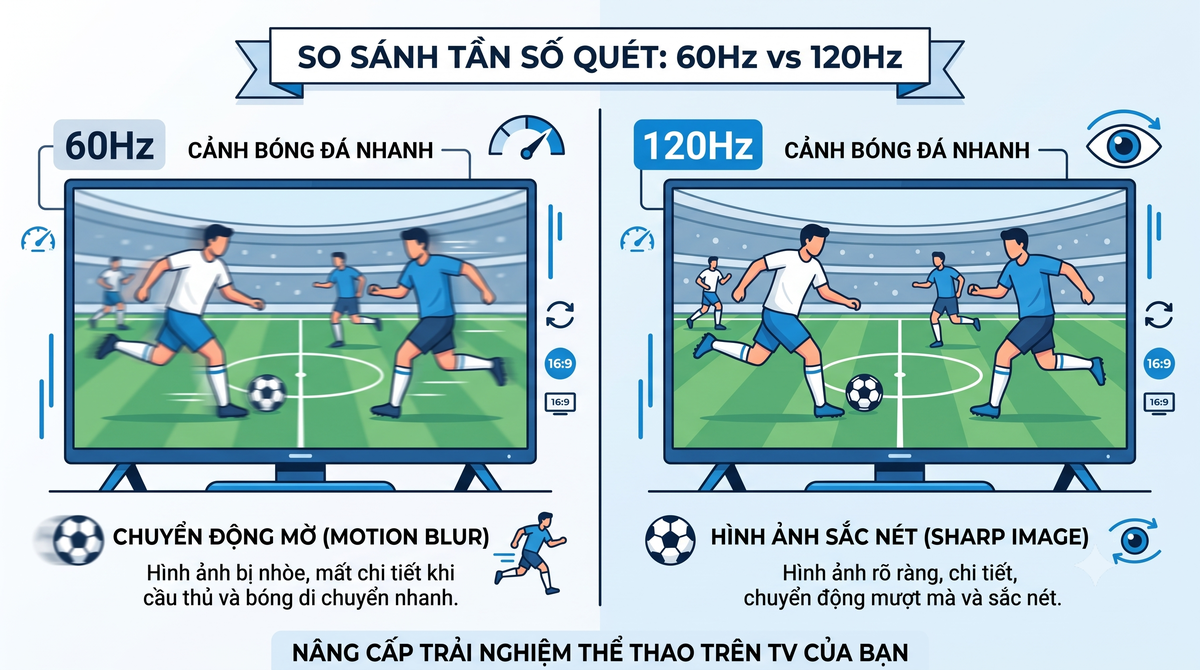 so sánh tần số quét 60Hz và 120Hz khi xem bóng đá trên tivi